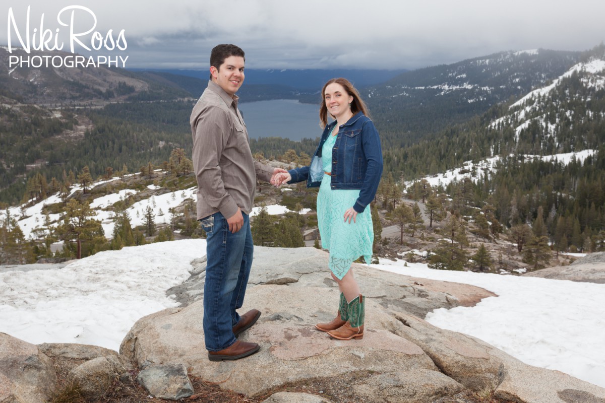 Truckee Engagement Session. Rainbow Bridge view point. Donner Lake on a moody day.