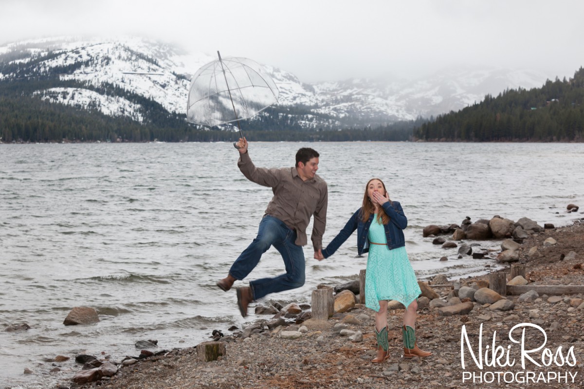 Truckee Engagement Session. Rainy day engagement session at Donner Lake. 